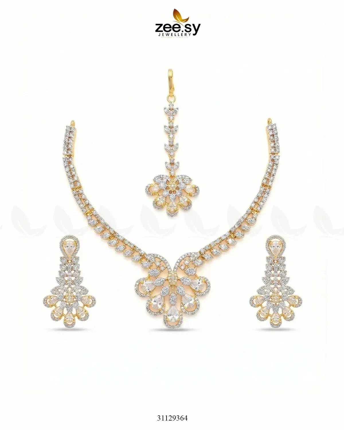 Glow Floral Zirconia Necklace Set Golden White Necklace Sets - Zeesy Jewellery Pakistan | Premium Artificial & Imitation Jewellery