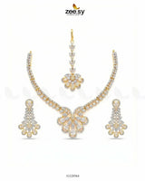 Glow Floral Zirconia Necklace Set Golden White Necklace Sets - Zeesy Jewellery Pakistan | Premium Artificial & Imitation Jewellery