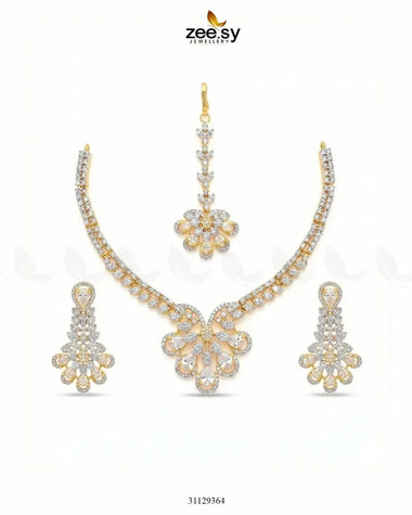 Glow Floral Zirconia Necklace Set Golden White Necklace Sets - Zeesy Jewellery Pakistan | Premium Artificial & Imitation Jewellery
