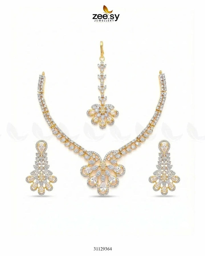 Glow Floral Zirconia Necklace Set Golden White Necklace Sets - Zeesy Jewellery Pakistan | Premium Artificial & Imitation Jewellery