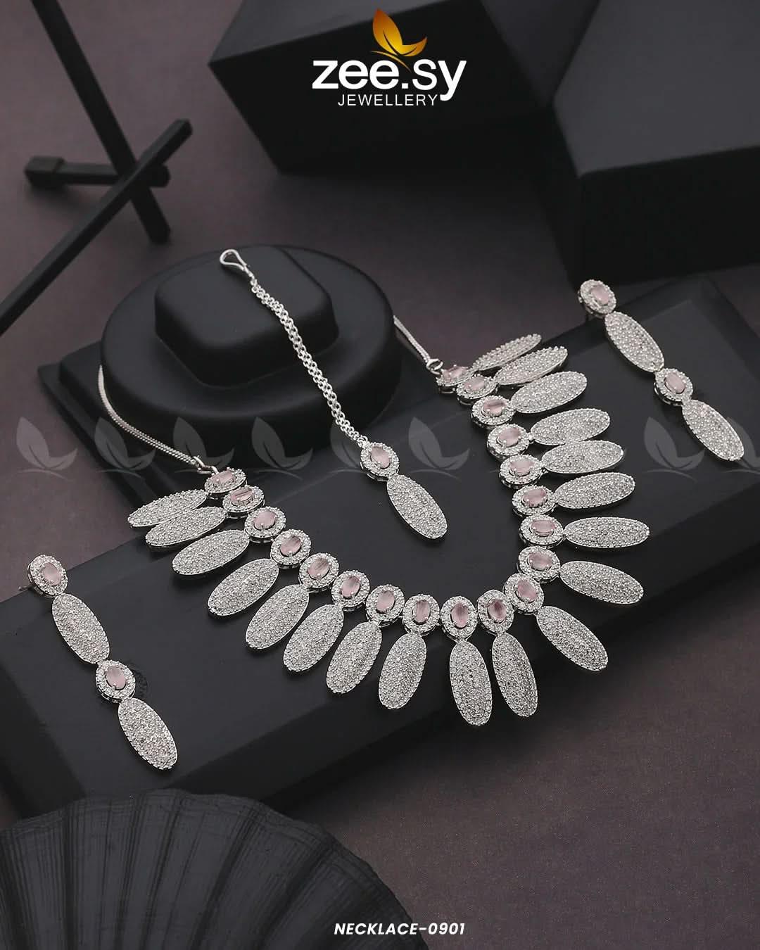 NECKLACE-0901 Silver Pink Necklace Sets - Zeesy Jewellery Pakistan | Premium Artificial & Imitation Jewellery