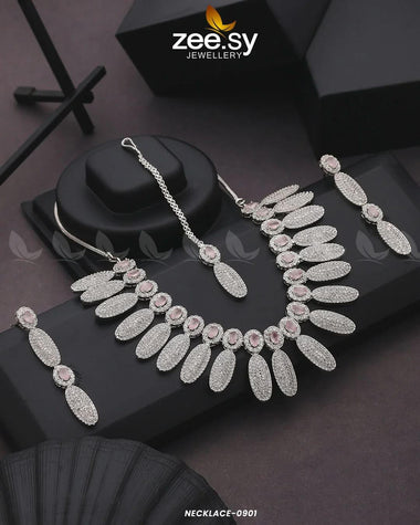 NECKLACE-0901 Silver Pink Necklace Sets - Zeesy Jewellery Pakistan | Premium Artificial & Imitation Jewellery