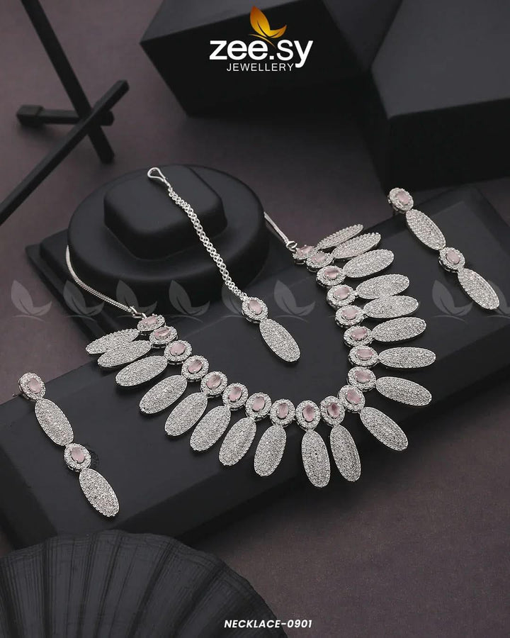 NECKLACE-0901 Silver Pink Necklace Sets - Zeesy Jewellery Pakistan | Premium Artificial & Imitation Jewellery