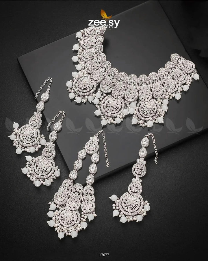Panoramic Necklace Silver White Necklace Sets - Zeesy Jewellery Pakistan | Premium Artificial & Imitation Jewellery