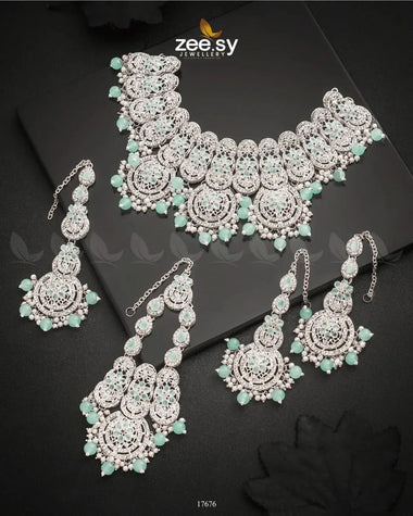 Panoramic Necklace Silver Mint Green Necklace Sets - Zeesy Jewellery Pakistan | Premium Artificial & Imitation Jewellery