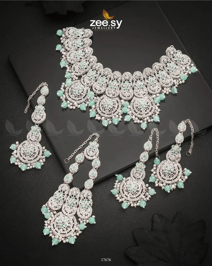 Panoramic Necklace Silver Mint Green Necklace Sets - Zeesy Jewellery Pakistan | Premium Artificial & Imitation Jewellery