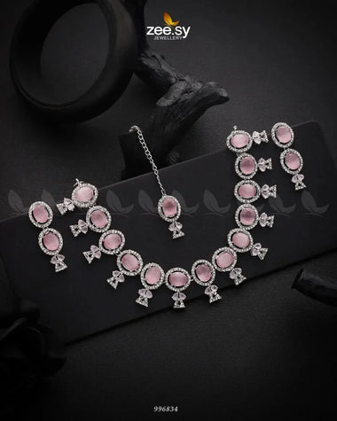 Pansy Necklace Set Silver Mint Pink Necklace Sets - Zeesy Jewellery Pakistan | Premium Artificial & Imitation Jewellery