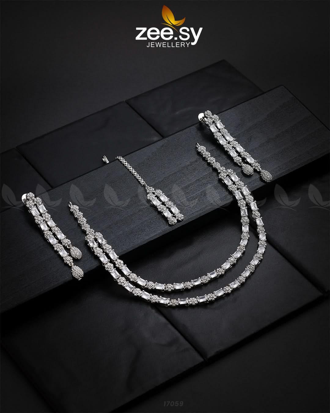 Saffron Zircon Necklace Silver White Necklace Sets - Zeesy Jewellery Pakistan | Premium Artificial & Imitation Jewellery