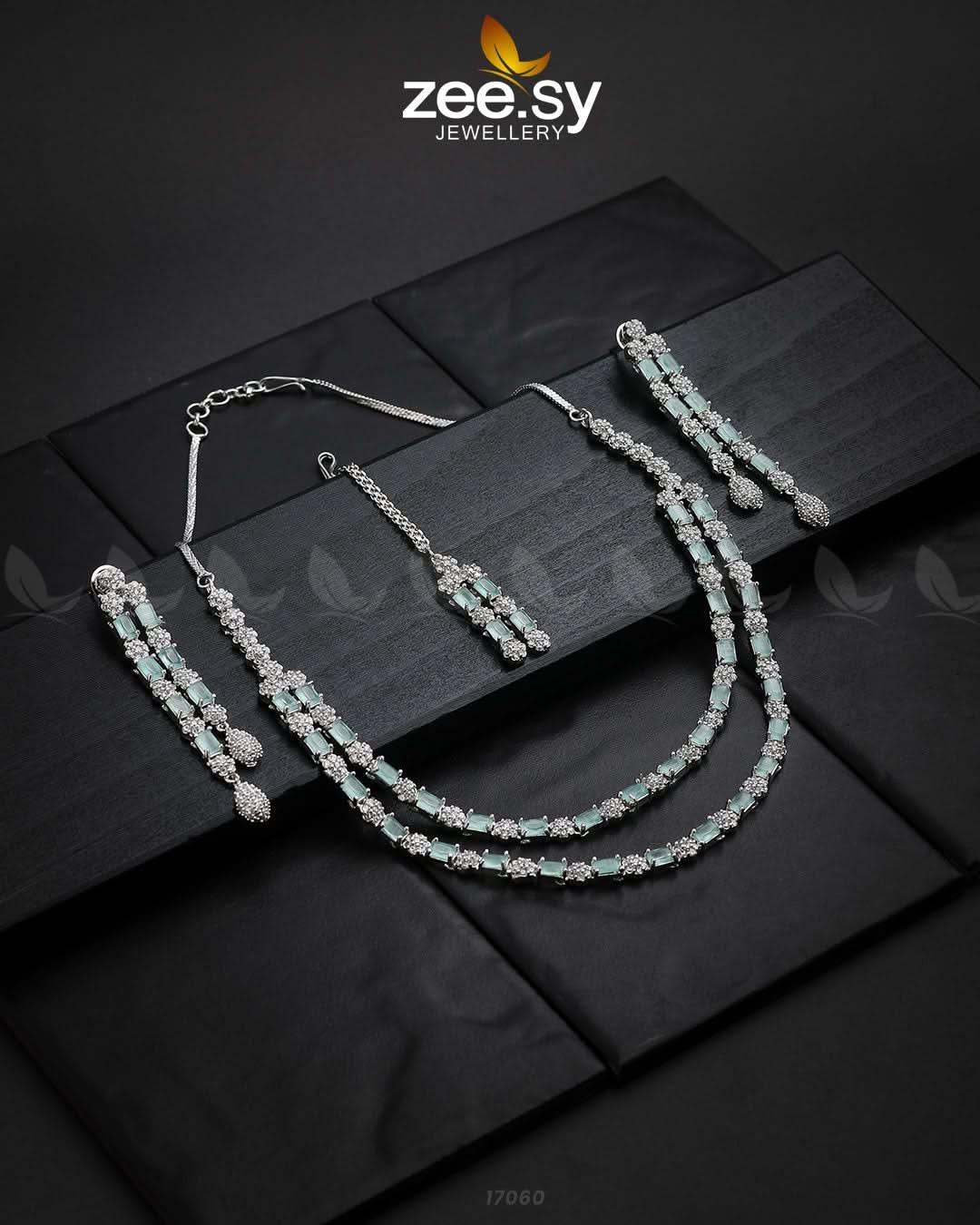 Saffron Zircon Necklace Silver Mint Green Necklace Sets - Zeesy Jewellery Pakistan | Premium Artificial & Imitation Jewellery