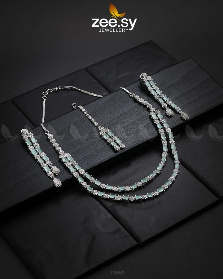 Saffron Zircon Necklace Silver Mint Green Necklace Sets - Zeesy Jewellery Pakistan | Premium Artificial & Imitation Jewellery