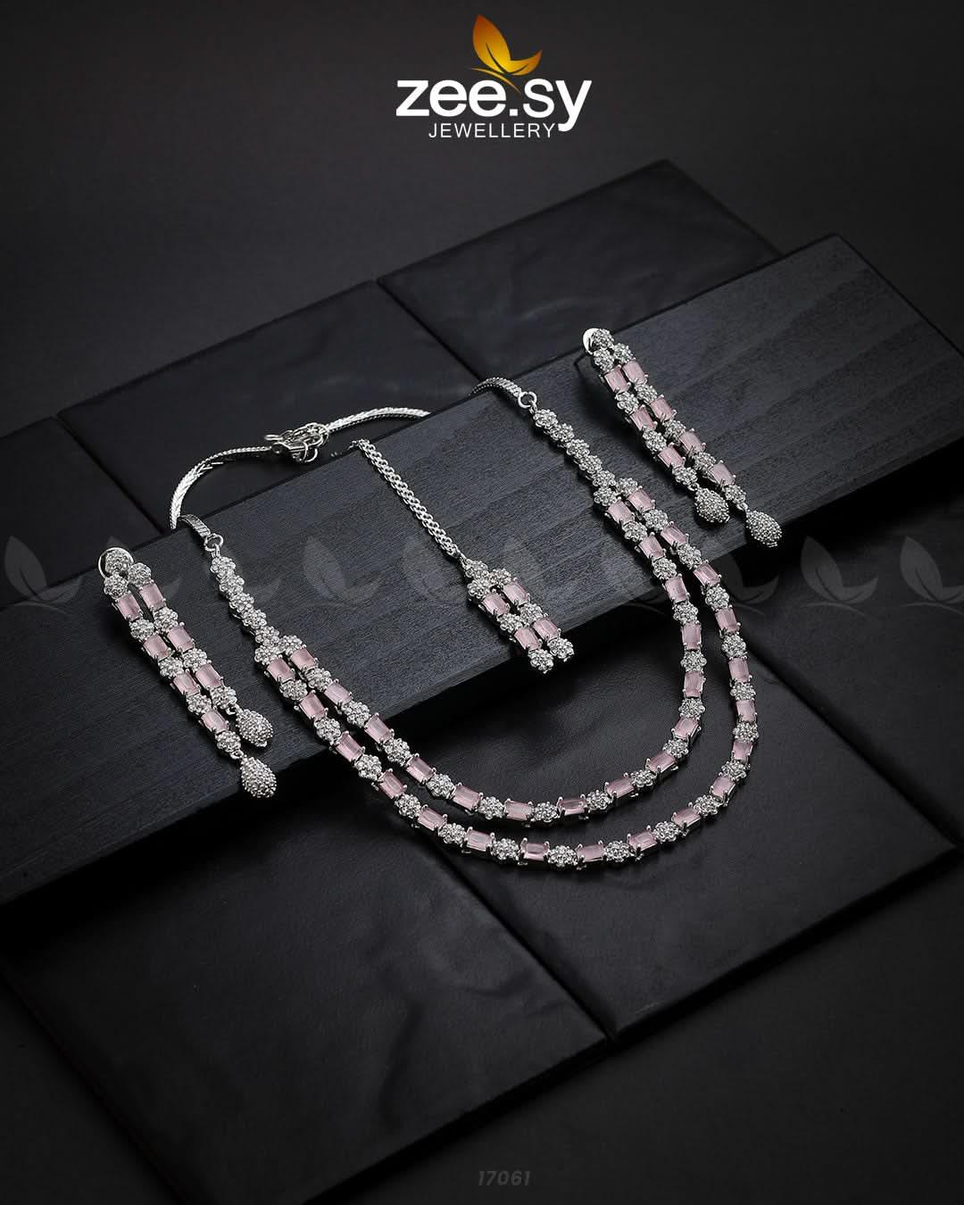 Saffron Zircon Necklace Silver Mint Pink Necklace Sets - Zeesy Jewellery Pakistan | Premium Artificial & Imitation Jewellery