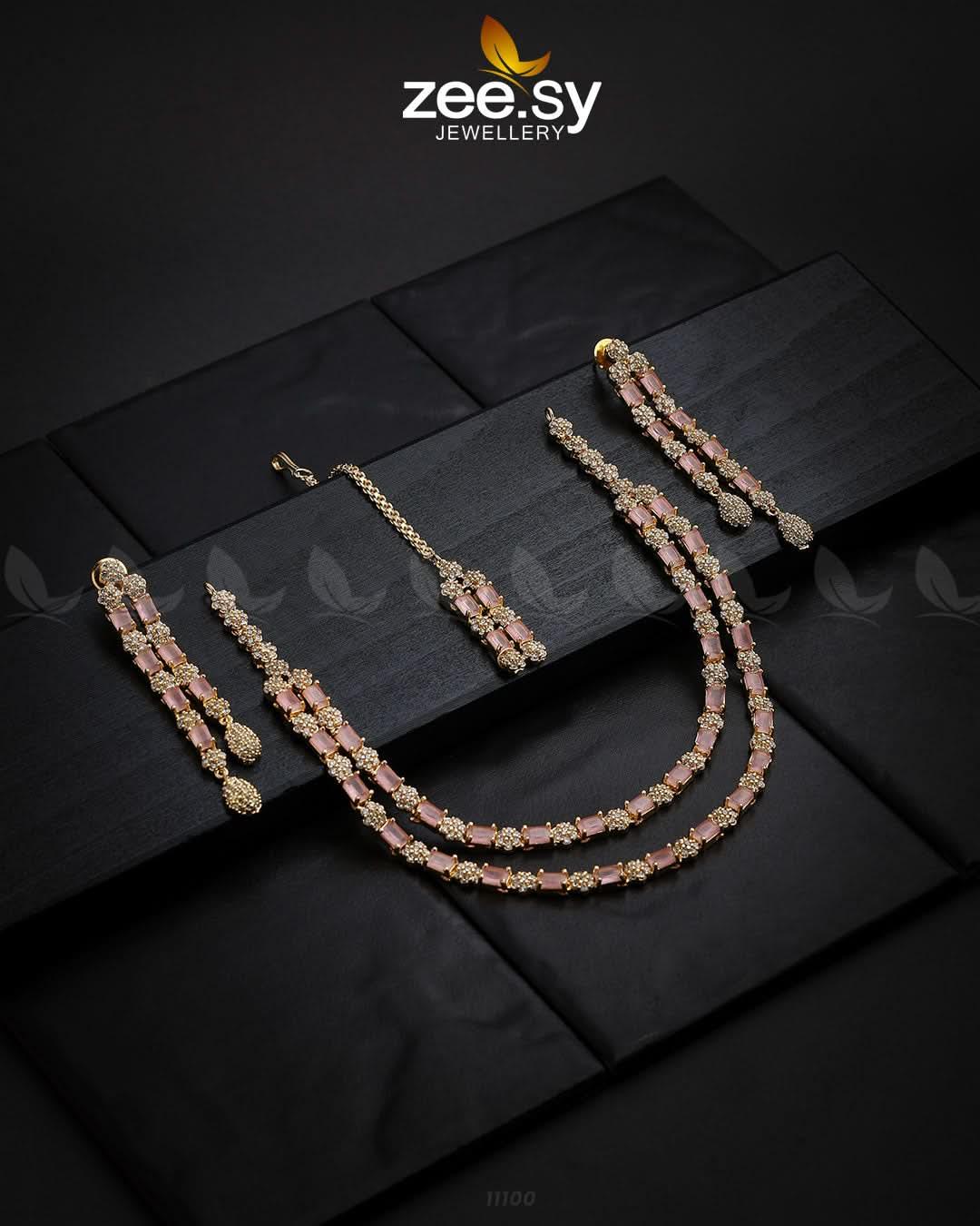 Saffron Zircon Necklace Golden Pink Necklace Sets - Zeesy Jewellery Pakistan | Premium Artificial & Imitation Jewellery
