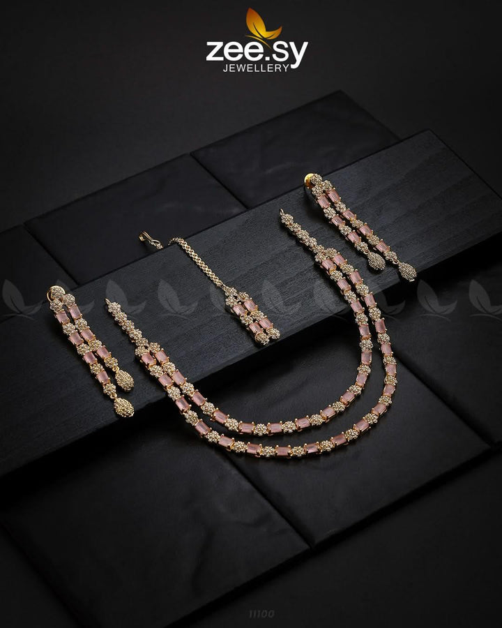 Saffron Zircon Necklace Golden Pink Necklace Sets - Zeesy Jewellery Pakistan | Premium Artificial & Imitation Jewellery