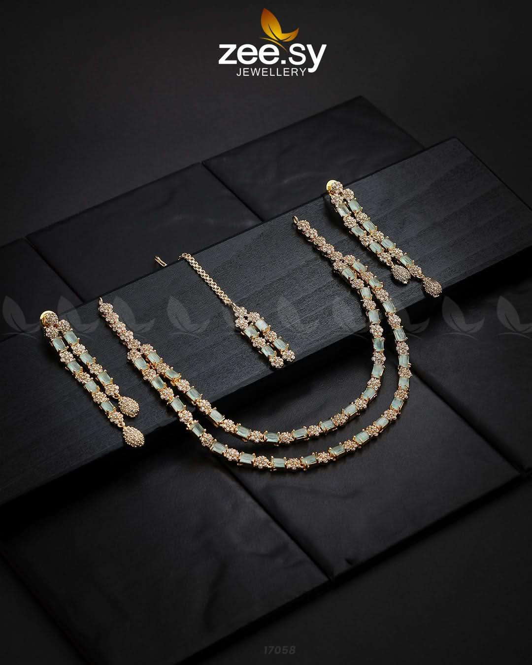 Saffron Zircon Necklace Golden Mint Green Necklace Sets - Zeesy Jewellery Pakistan | Premium Artificial & Imitation Jewellery