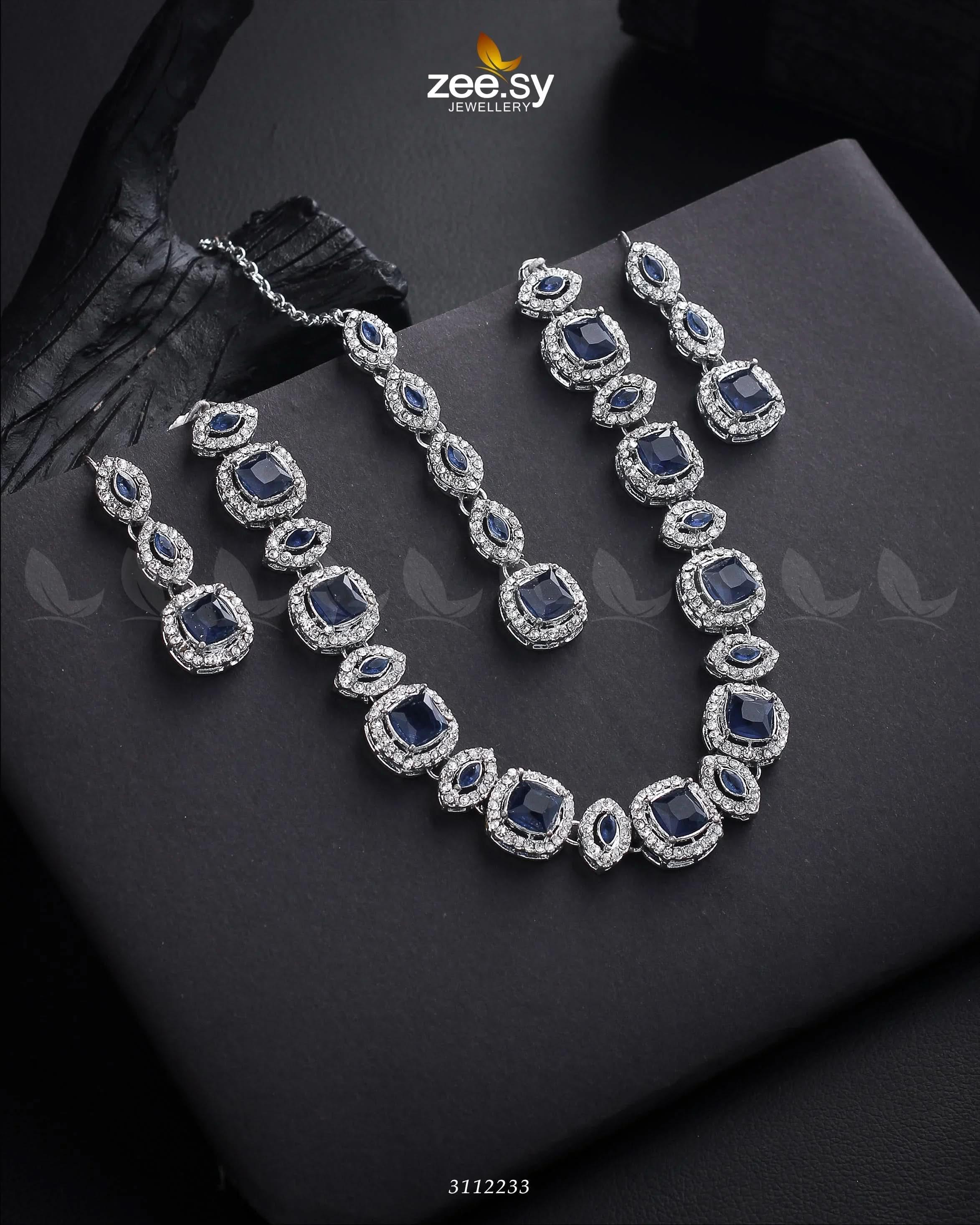 Scabiosa Necklace Set Silver Blue Necklace Sets - Zeesy Jewellery Pakistan | Premium Artificial & Imitation Jewellery
