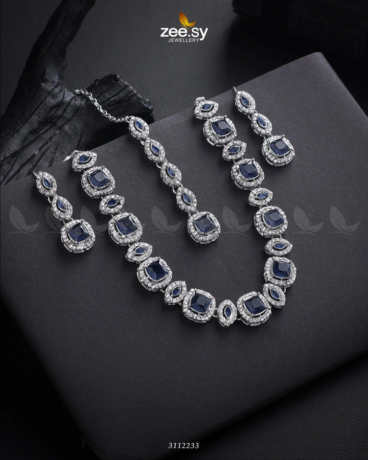 Scabiosa Necklace Set Silver Blue Necklace Sets - Zeesy Jewellery Pakistan | Premium Artificial & Imitation Jewellery
