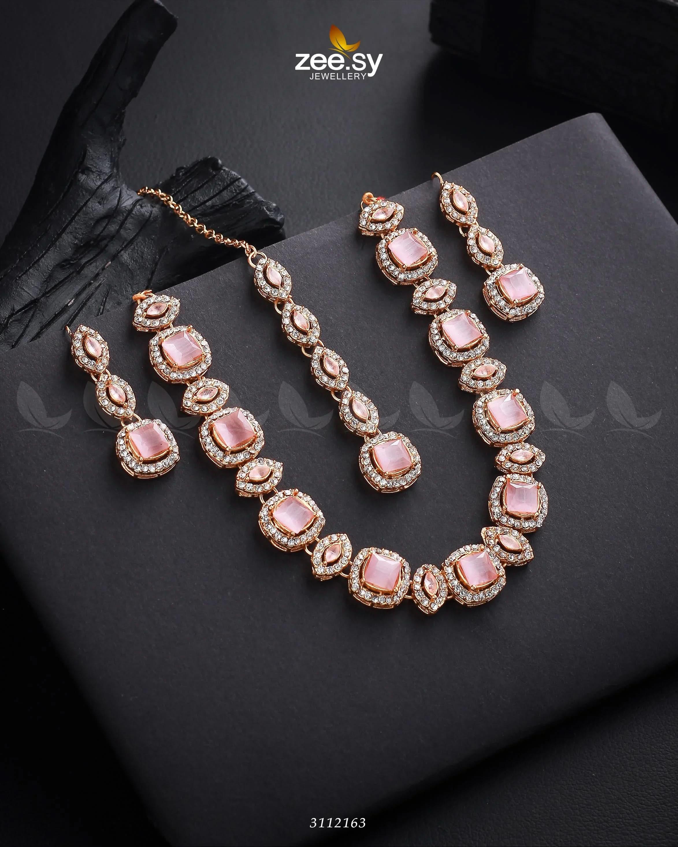 Scabiosa Necklace Set Golden Mint Pink Necklace Sets - Zeesy Jewellery Pakistan | Premium Artificial & Imitation Jewellery