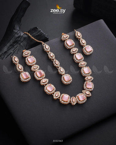 Scabiosa Necklace Set Golden Mint Pink Necklace Sets - Zeesy Jewellery Pakistan | Premium Artificial & Imitation Jewellery
