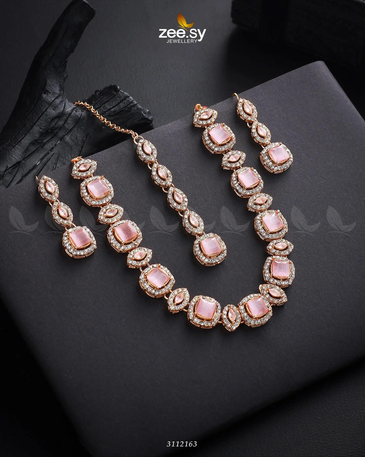 Scabiosa Necklace Set Golden Mint Pink Necklace Sets - Zeesy Jewellery Pakistan | Premium Artificial & Imitation Jewellery