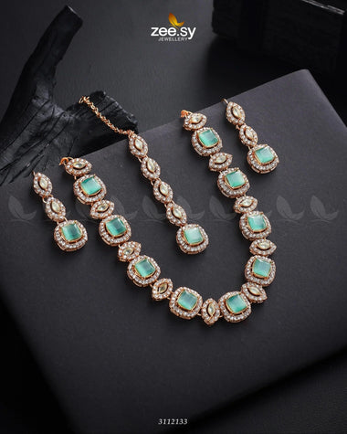Scabiosa Necklace Set Golden Mint Green Necklace Sets - Zeesy Jewellery Pakistan | Premium Artificial & Imitation Jewellery