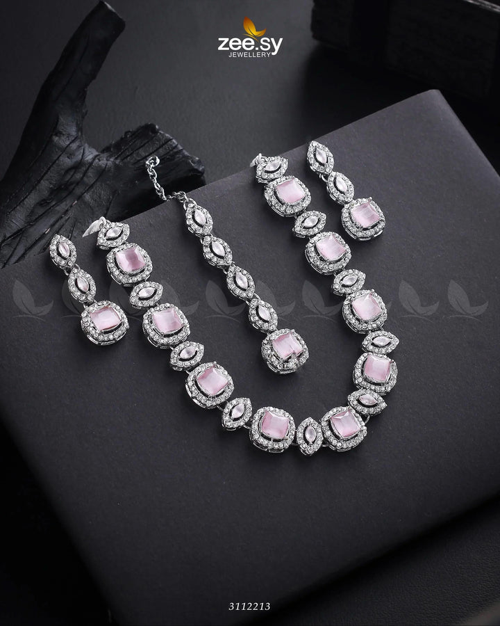 Scabiosa Necklace Set Silver Mint Pink Necklace Sets - Zeesy Jewellery Pakistan | Premium Artificial & Imitation Jewellery