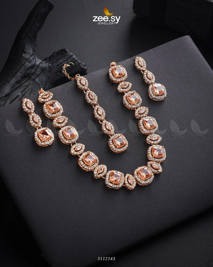 Scabiosa Necklace Set Golden Champagne Necklace Sets - Zeesy Jewellery Pakistan | Premium Artificial & Imitation Jewellery