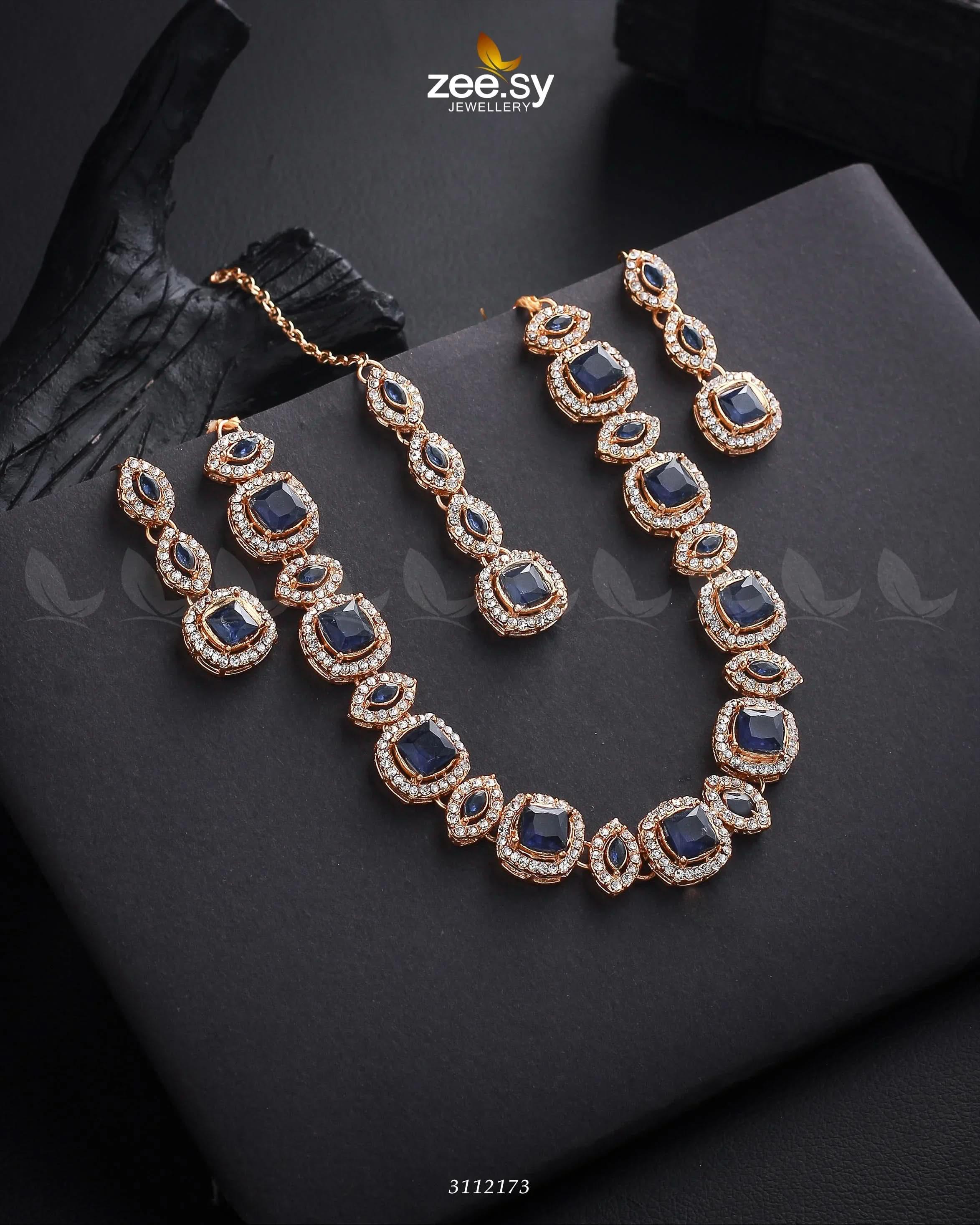 Scabiosa Necklace Set Golden Blue Necklace Sets - Zeesy Jewellery Pakistan | Premium Artificial & Imitation Jewellery