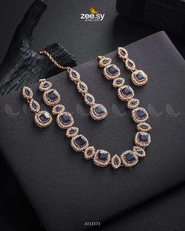 Scabiosa Necklace Set Golden Blue Necklace Sets - Zeesy Jewellery Pakistan | Premium Artificial & Imitation Jewellery