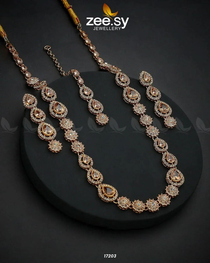 Serenity Malla Necklace Golden Champagne Necklace Sets - Zeesy Jewellery Pakistan | Premium Artificial & Imitation Jewellery