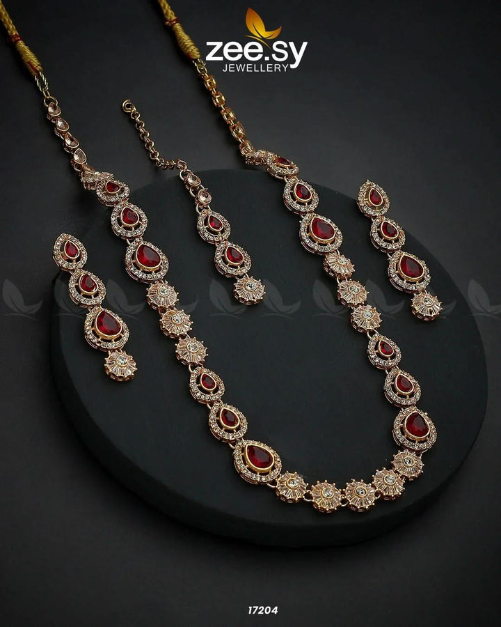 Serenity Malla Necklace Golden Red Necklace Sets - Zeesy Jewellery Pakistan | Premium Artificial & Imitation Jewellery
