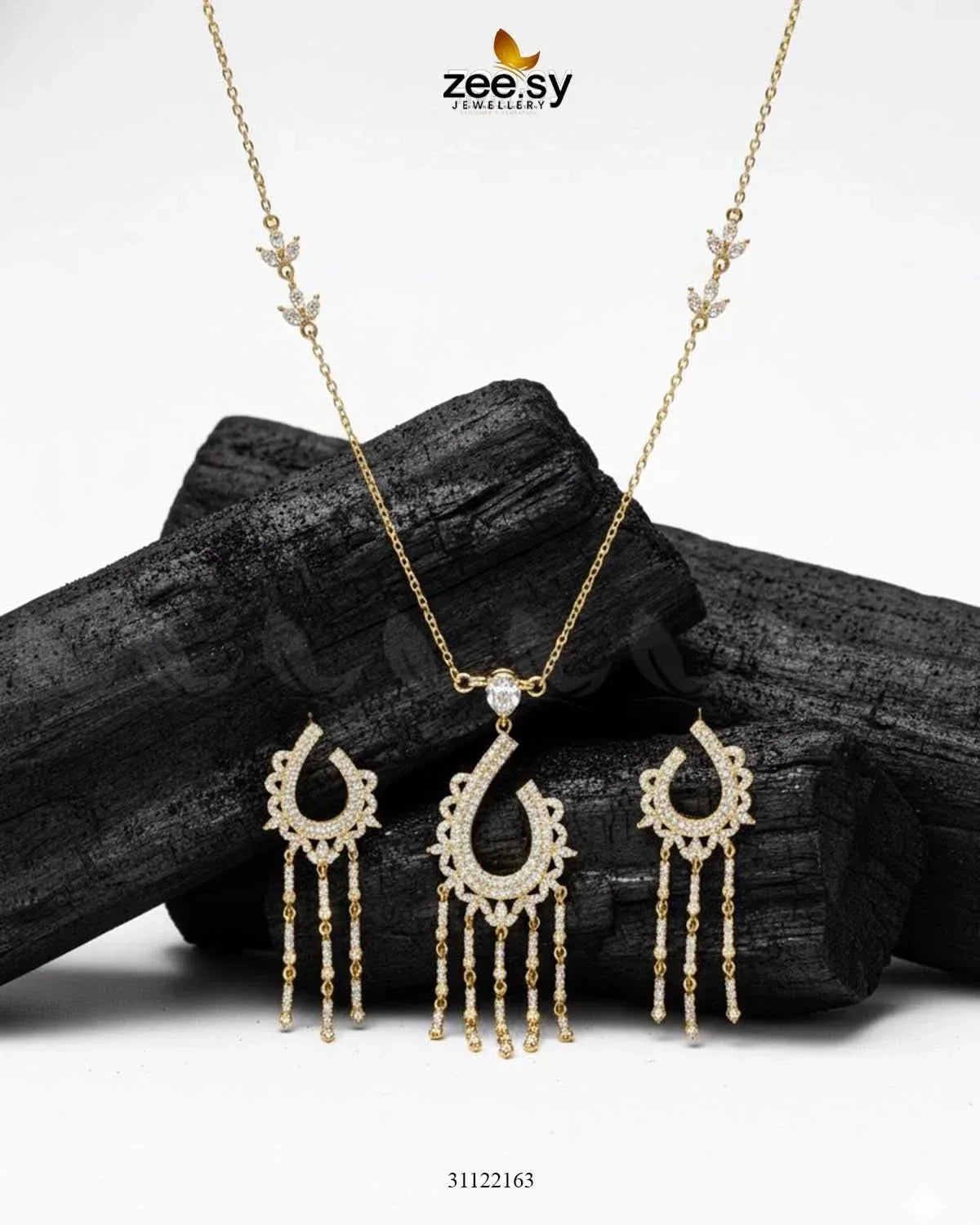Crescent Tassel Drop Necklace Set Golden Necklace Sets - Zeesy Jewellery Pakistan | Premium Artificial & Imitation Jewellery