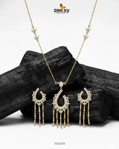 Crescent Tassel Drop Necklace Set Golden Necklace Sets - Zeesy Jewellery Pakistan | Premium Artificial & Imitation Jewellery
