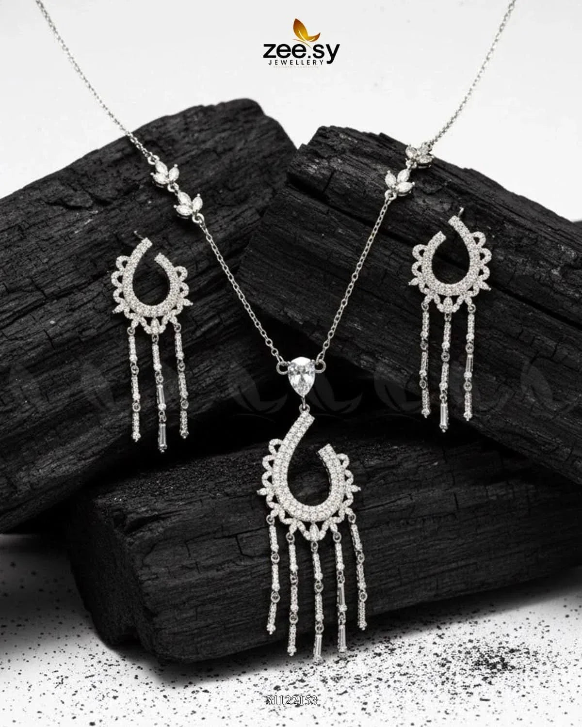 Crescent Tassel Drop Necklace Set Silver Necklace Sets - Zeesy Jewellery Pakistan | Premium Artificial & Imitation Jewellery