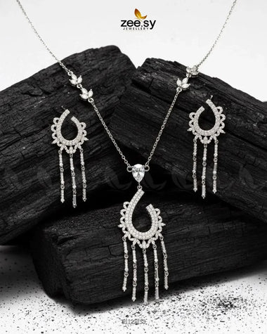 Crescent Tassel Drop Necklace Set Silver Necklace Sets - Zeesy Jewellery Pakistan | Premium Artificial & Imitation Jewellery