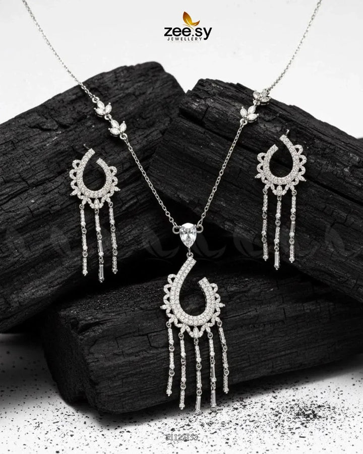 Crescent Tassel Drop Necklace Set Silver Necklace Sets - Zeesy Jewellery Pakistan | Premium Artificial & Imitation Jewellery