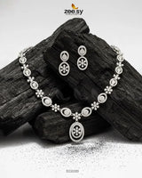 Dainty Oval Floral Necklace Set Silver Necklace Sets - Zeesy Jewellery Pakistan | Premium Artificial & Imitation Jewellery