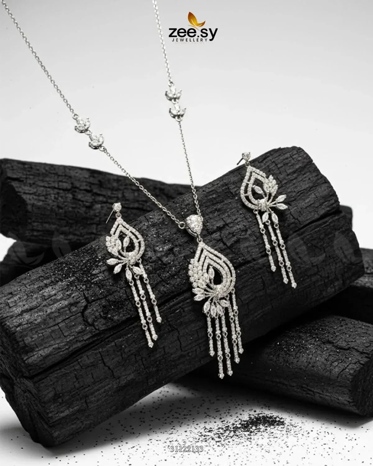 Diamond Lantern Drop Necklace Set Silver Necklace Sets - Zeesy Jewellery Pakistan | Premium Artificial & Imitation Jewellery