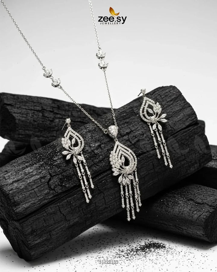 Diamond Lantern Drop Necklace Set Silver Necklace Sets - Zeesy Jewellery Pakistan | Premium Artificial & Imitation Jewellery