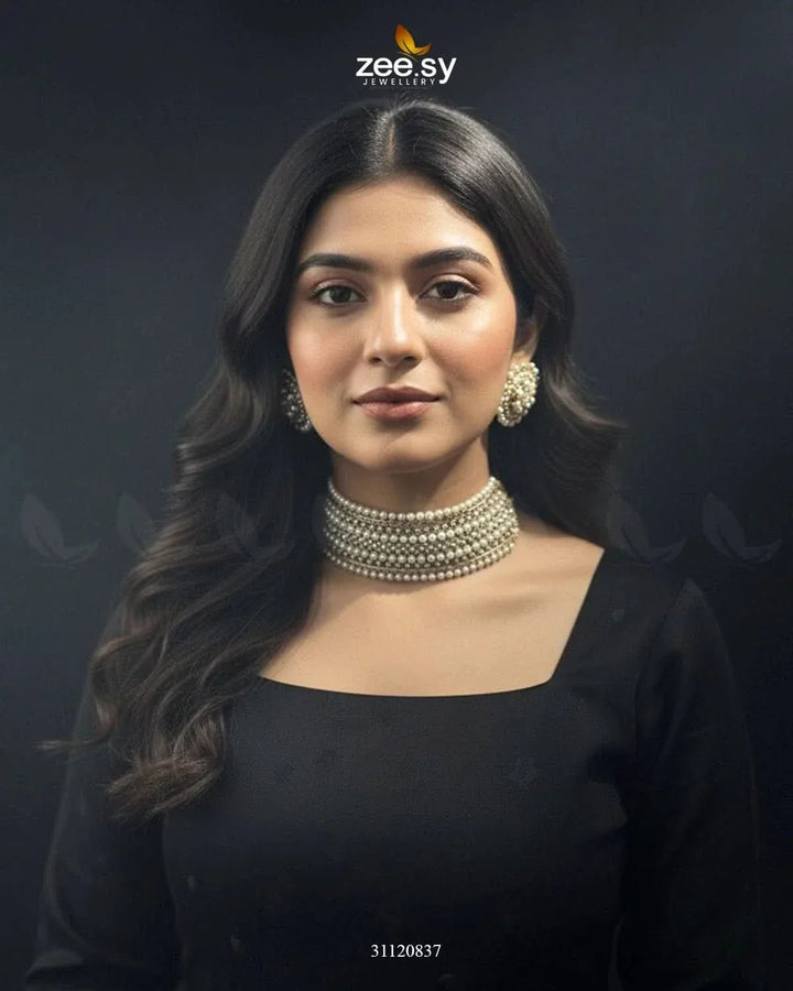 Elegant Beaded Pearl Choker Set Necklace Sets - Zeesy Jewellery Pakistan | Premium Artificial & Imitation Jewellery