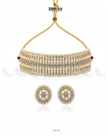 Elegant Beaded Pearl Choker Set Golden Necklace Sets - Zeesy Jewellery Pakistan | Premium Artificial & Imitation Jewellery