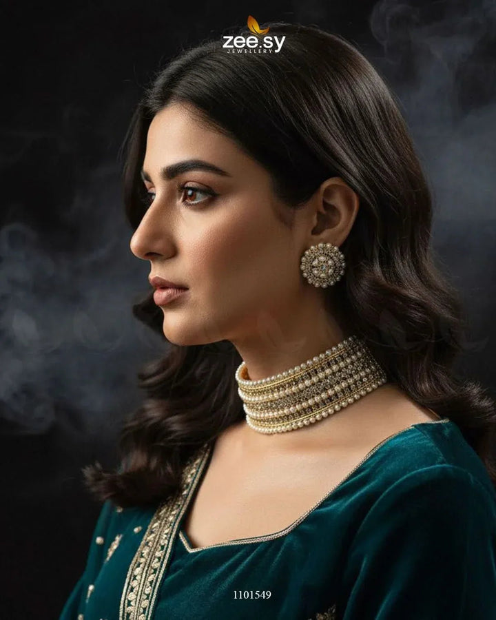 Elegant Beaded Pearl Choker Set Necklace Sets - Zeesy Jewellery Pakistan | Premium Artificial & Imitation Jewellery