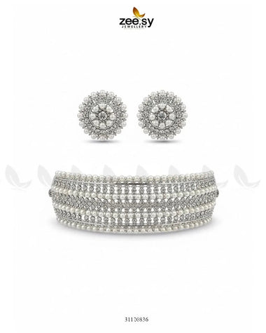 Elegant Beaded Pearl Choker Set Silver Necklace Sets - Zeesy Jewellery Pakistan | Premium Artificial & Imitation Jewellery