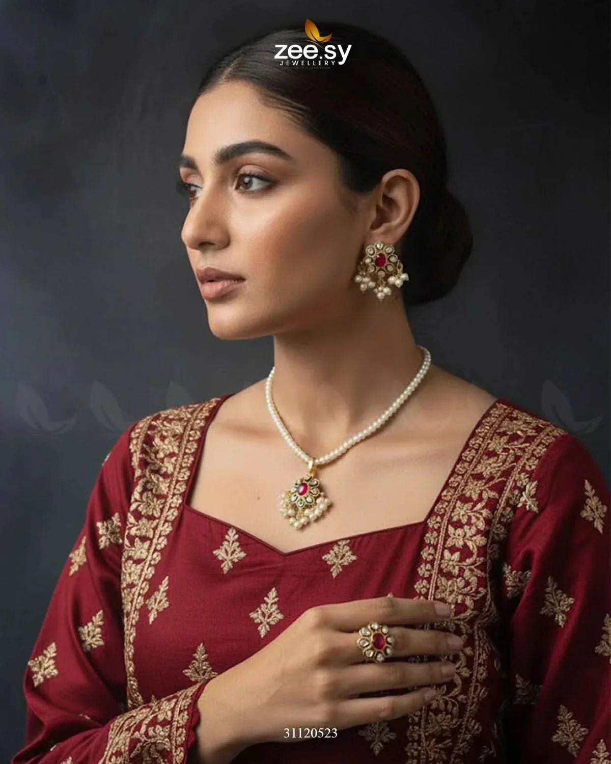 Meenakari Floral Pearl Necklace Set Golden Red Necklace Sets - Zeesy Jewellery Pakistan | Premium Artificial & Imitation Jewellery