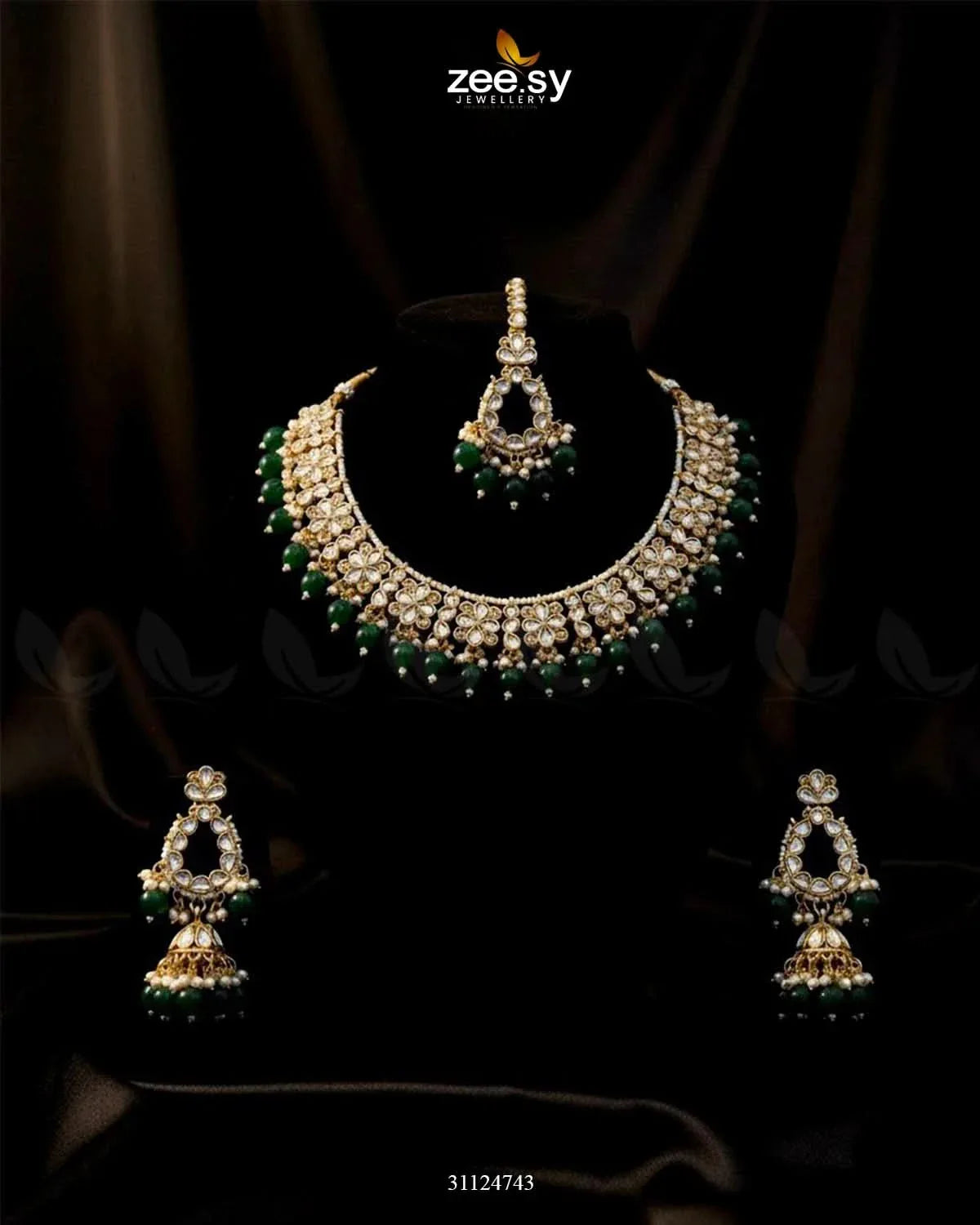 Heirloom Grand Luminous Necklace Set Golden Green Necklace Sets - Zeesy Jewellery Pakistan | Premium Artificial & Imitation Jewellery