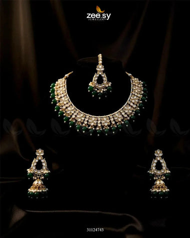 Heirloom Grand Luminous Necklace Set Golden Green Necklace Sets - Zeesy Jewellery Pakistan | Premium Artificial & Imitation Jewellery
