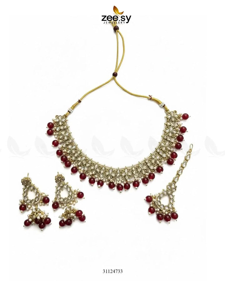 Heirloom Grand Luminous Necklace Set Golden Red Necklace Sets - Zeesy Jewellery Pakistan | Premium Artificial & Imitation Jewellery