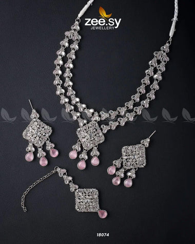 Juggan Necklace Set Silver Mint Pink Necklace Sets - Zeesy Jewellery Pakistan | Premium Artificial & Imitation Jewellery
