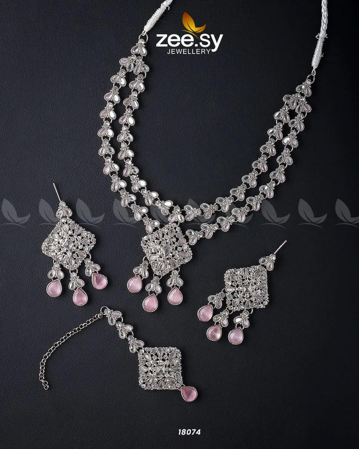 Juggan Necklace Set Silver Mint Pink Necklace Sets - Zeesy Jewellery Pakistan | Premium Artificial & Imitation Jewellery