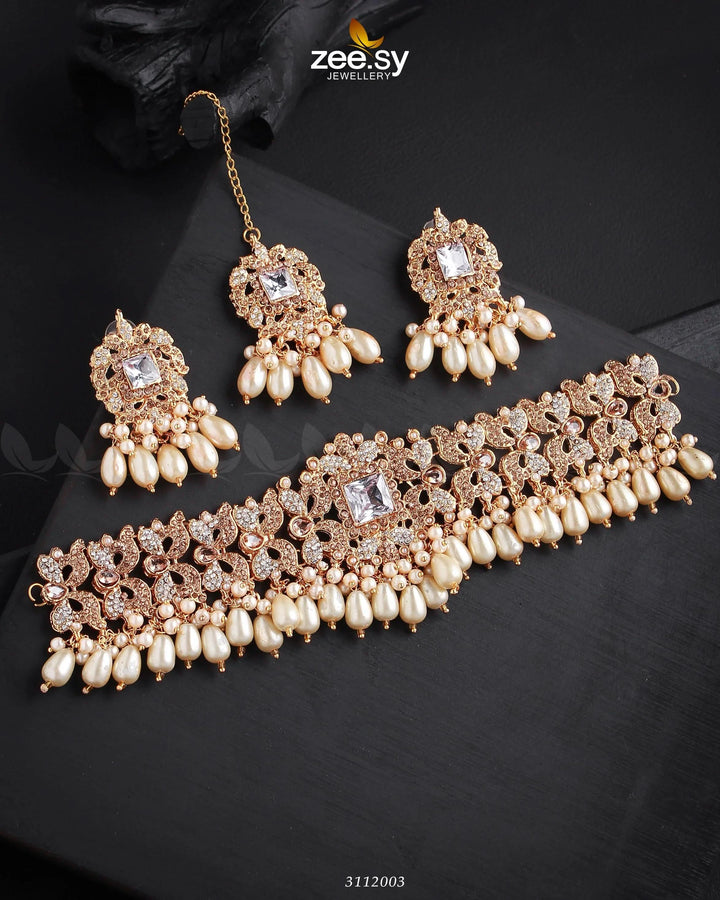 Katrina's Necklace Set Golden White Necklace Sets - Zeesy Jewellery Pakistan | Premium Artificial & Imitation Jewellery
