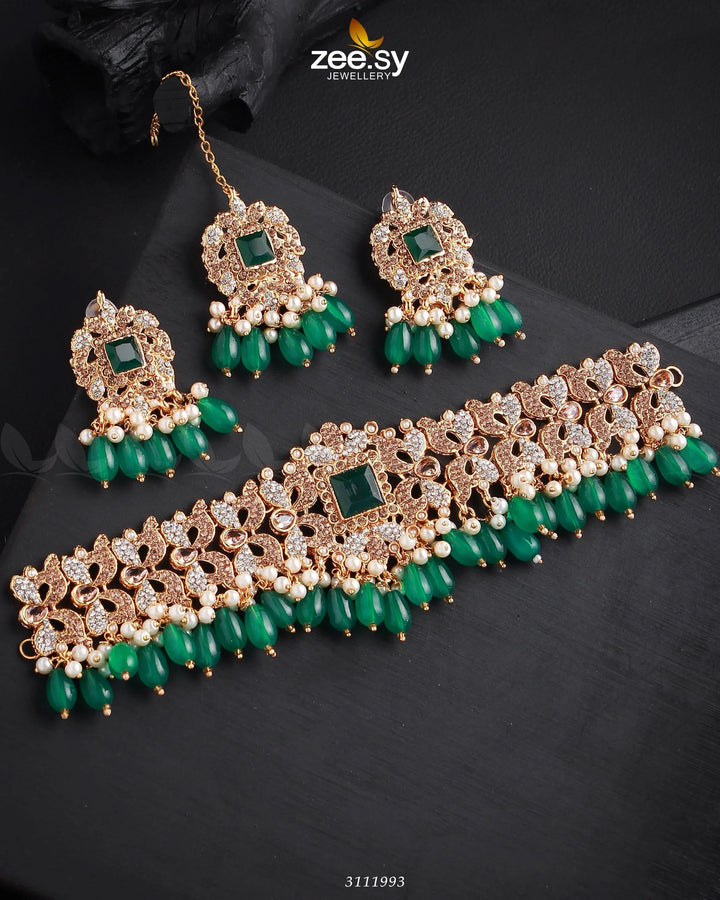 Katrina's Necklace Set Golden Green Necklace Sets - Zeesy Jewellery Pakistan | Premium Artificial & Imitation Jewellery